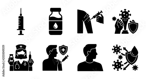 Photos Vaccination Icons Set: Syringe, Vial, Doctor, Immunity Shield, Virus Protection