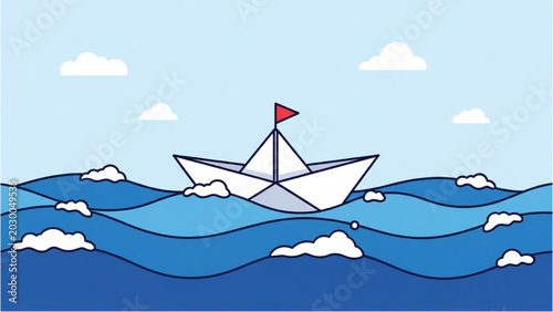 Photos A small white paper boat sails across choppy blue ocean waves under a cloudy sky
