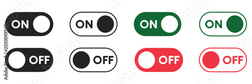 Foto On off toggle switch icon set in black green and red colors for UI settings, pow