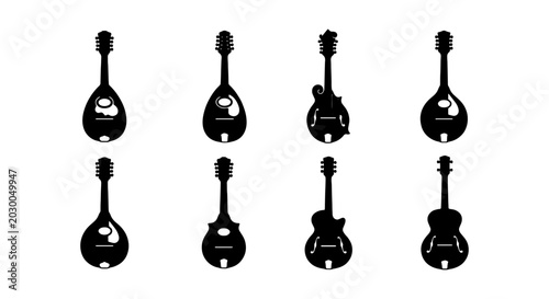 Bild auf Leinwand String Instrument Silhouettes: Mandolin, Lute, Guitar Icons Set