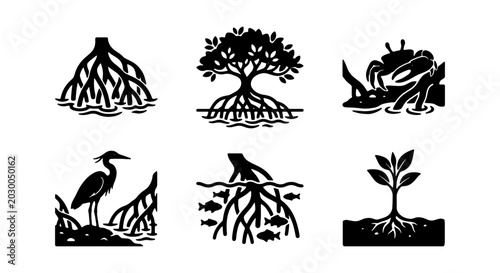 Canvas-taulu Mangrove Ecosystem Icons: Roots, Wildlife, Plant Growth, Marine Life, Heron