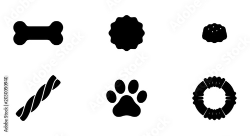 Tableau sur toile Dog Pet Accessories Icons, Bone, Paw Print, Food Bowl, Toys, Vector Set