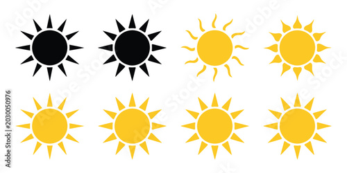 Sun Icon Set with Various Rays and Sunshine Symbols for Weather Forecast, Solar Energy Apps and Modern Vector Design Projects