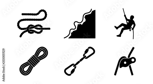 Foto Climbing Gear Icons, Rope Knots, Carabiner, Rock Face, Silhouette Climber
