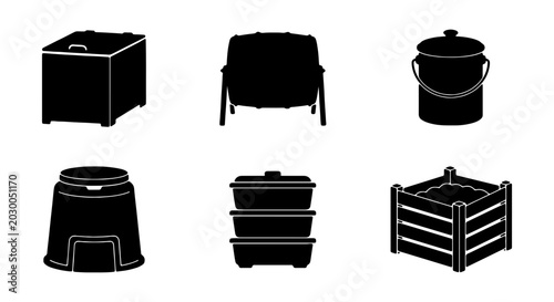 Photos Compost Bin Icons, Garden Waste Containers, Organic Recycling Set
