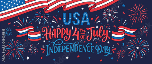 USA Happy 4th of July Independence Day banner. Hand-drawn lettering and fireworks vector illustration