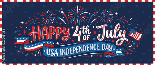 Happy 4th of July USA Independence Day banner. Vector illustration with fireworks and striped border