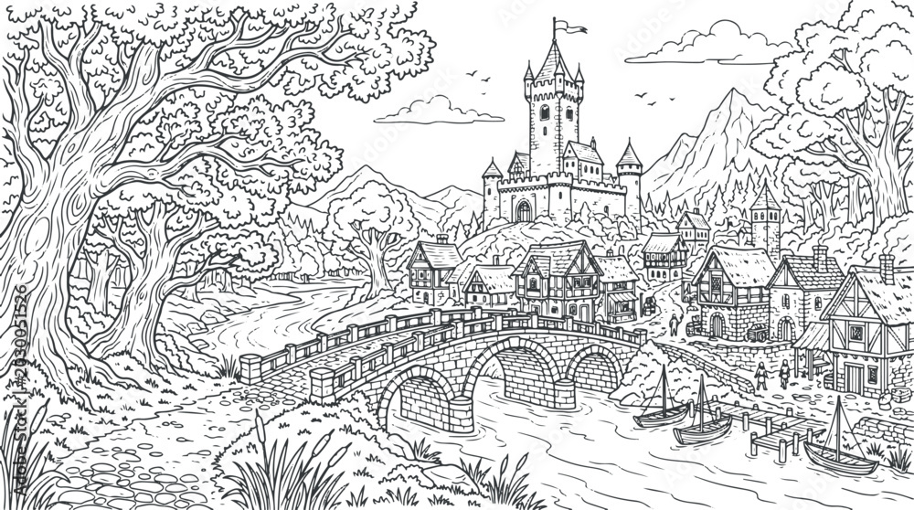 Obraz premium Medieval castle town with bridge and river landscape illustration