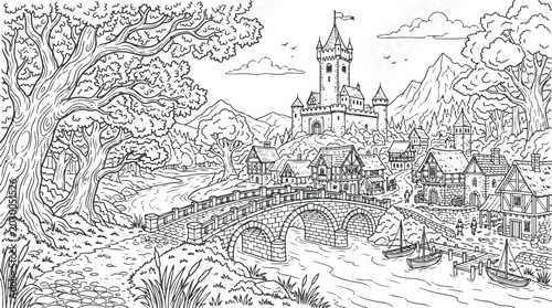 Fotografie Medieval castle town with bridge and river landscape illustration