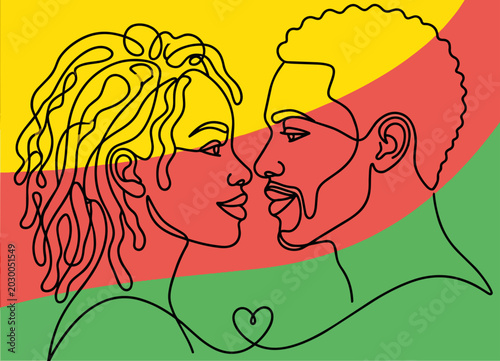Continuous line art portrait of African American couple with heart. Minimalist vector illustration on Pan-African color background