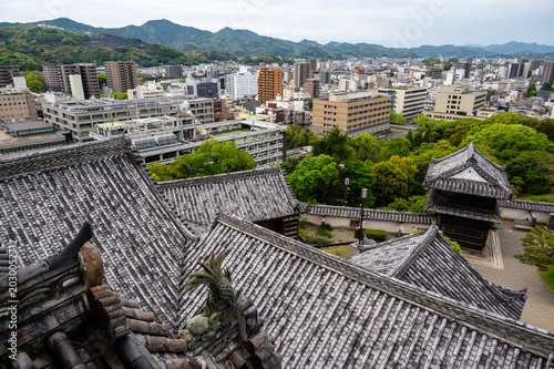 Historic Kochi Castle main keep surrounded by pine trees and traditional stone walls in Kochi, Japan