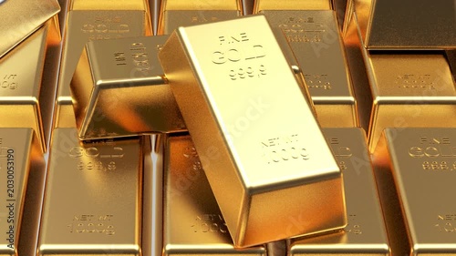 Shiny gold and silver bullion bars stacked together as the camera moves over reflective precious metal ingots in a close-up 3D render