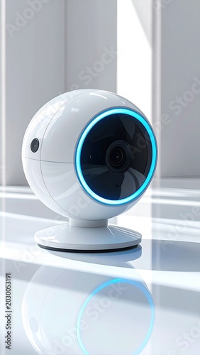 Futuristic spherical white device with glowing blue ring, camera lens