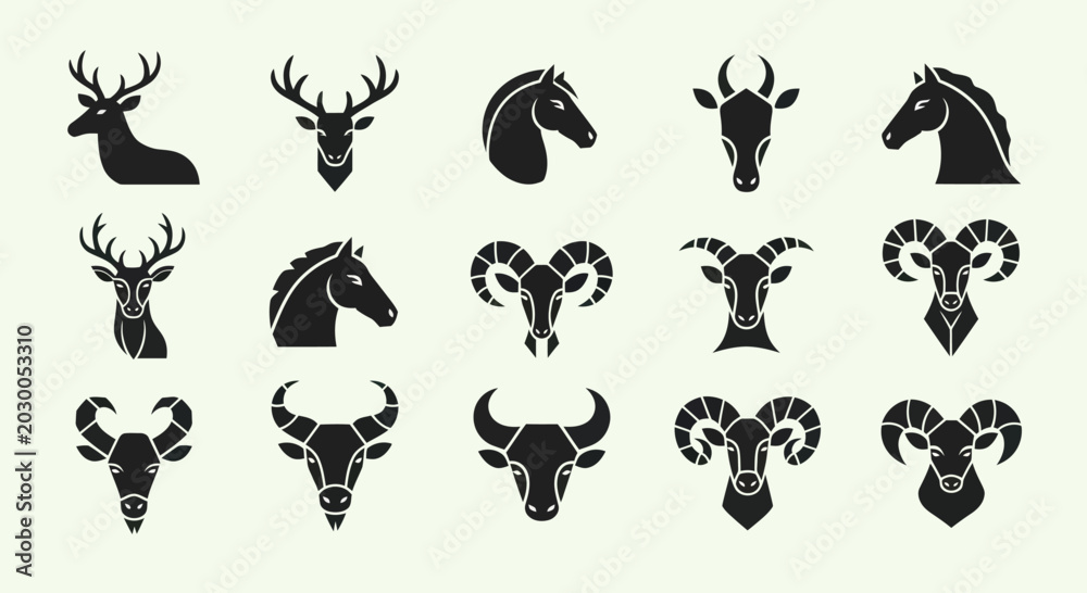 Fototapeta premium Animal Head Silhouettes: Deer, Horse, Ram, Goat, Bull Icons