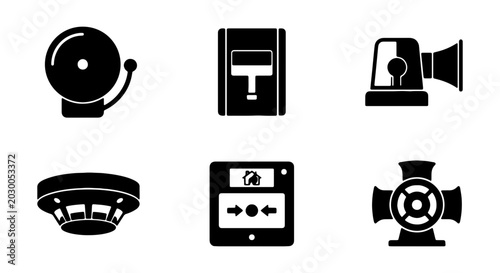 Foto Fire Safety Icons: Alarm Bell, Smoke Detector, Sprinkler Valve, Siren, Control P