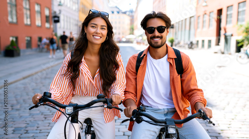 Smiling couple riding bicycles through city street, happy travel lifestyle with urban sightseeing and active outdoor recreation