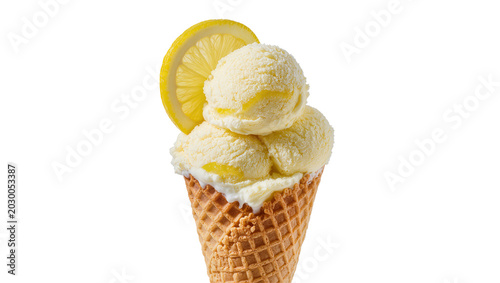 Obraz na plátně Creamy lemon ice cream scoops in waffle cone with lemon slice, isolated on trans