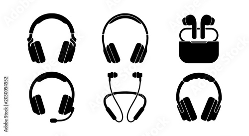 Tableau sur toile Headphone Icons Collection: Over-Ear, Earbuds, Wireless, Gaming Audio Devices