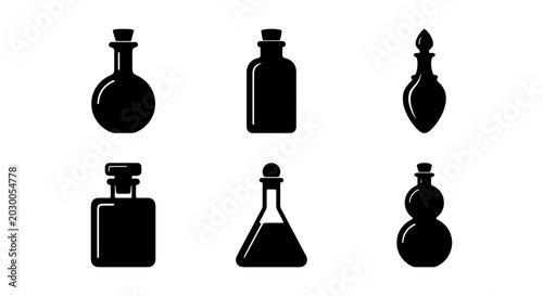 Fotografie Vintage Potion Bottles, Black Silhouette Icons, Alchemy Elixir Containers, Retro