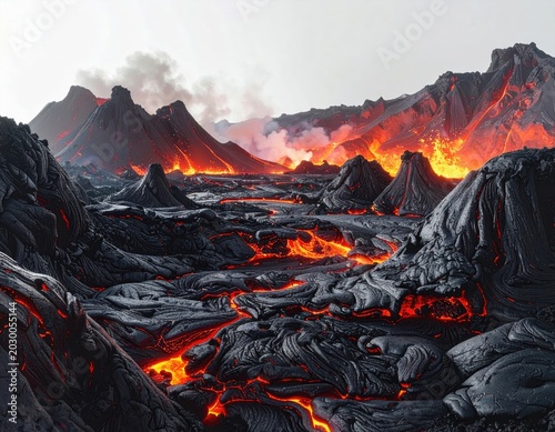 Fiery volcanic landscape with flowing lava, smoke, and jagged mountains