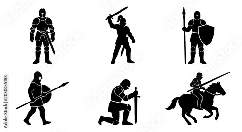 Schilderij op canvas Medieval Knight Silhouettes, Set of 6 Warrior Poses, Historical Combat Figures,