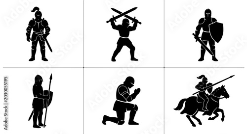 Fotografie Medieval Knights Vector Icons Set, Warrior Silhouettes, Soldier Poses, Combatant