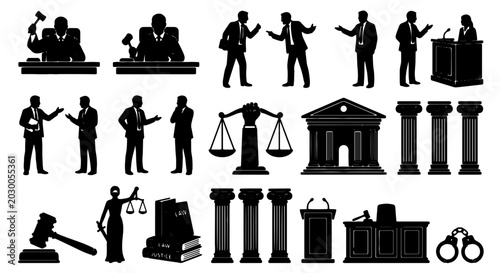 Photos Legal Justice Icons Set, Courtroom Silhouettes, Law and Order Symbols, Gavel, Sc