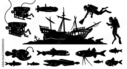 Bild auf Leinwand Underwater Exploration Vector Set: Shipwreck, Divers, Submersibles, Deep Sea Cre