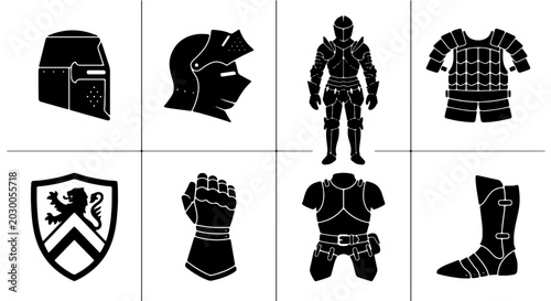 Photos Medieval Knight Armor Set, Historical Warrior Equipment Icons, Black Silhouette