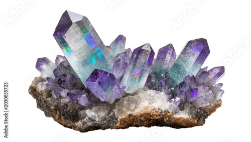 Bilde på lerret Cluster of purple and blue amethyst crystals with iridescent sheen, isolated on