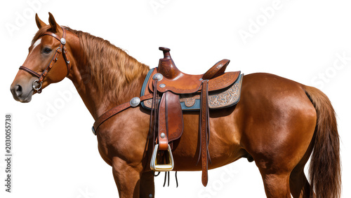 Photos Brown horse with western saddle and bridle, isolated on transparent background