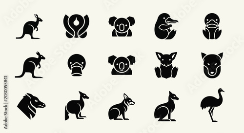 Photography Australian Animals Icons Set: Kangaroo, Koala, Platypus, Emu, Dingo, Wombat