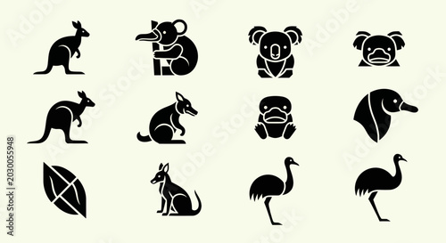Schilderij op canvas Australian Animals Icons Set: Kangaroo, Koala, Platypus, Emu, Dingo, Wombat