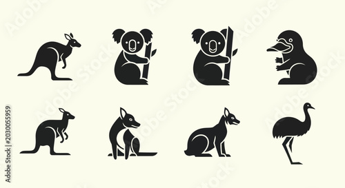Tableau sur toile Australian Animals Silhouette Icons: Kangaroo, Koala, Platypus, Emu, Dingo