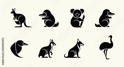 Foto Australian Animals Silhouette Icons: Kangaroo, Koala, Platypus, Emu, Dingo