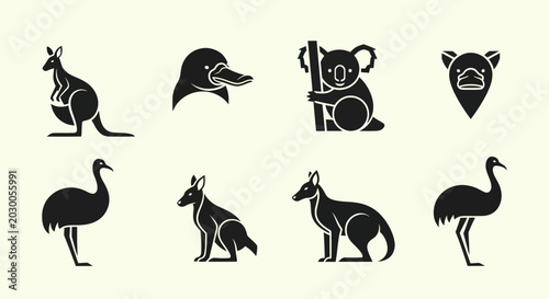Canvas Print Australian Animals Silhouettes Collection: Kangaroo, Koala, Emu, Platypus, Dingo