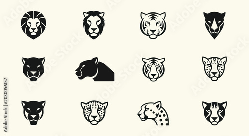 Photography Big Cat Icons: Lion, Tiger, Panther, Cheetah, Jaguar - Vector Set