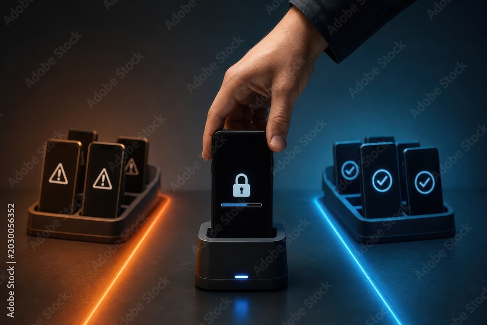 Naklejka premium Cybersecurity authentication concept with hand holding smartphone and lock icon flanked by warning and check devices