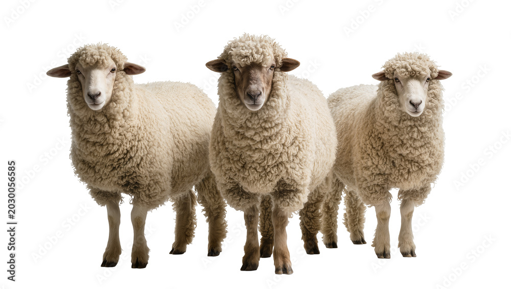 Fototapeta premium Three fluffy sheep with woolly coats standing together, isolated on transparent background