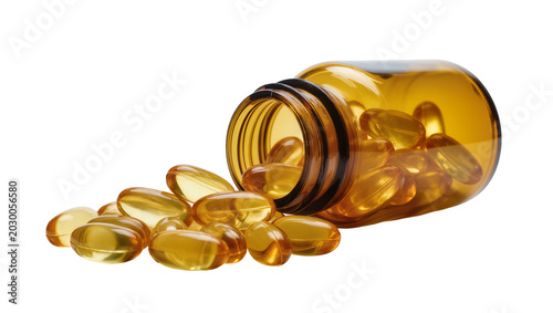 Tableau sur toile Amber glass bottle spilling golden oval softgel capsules, isolated on transparen