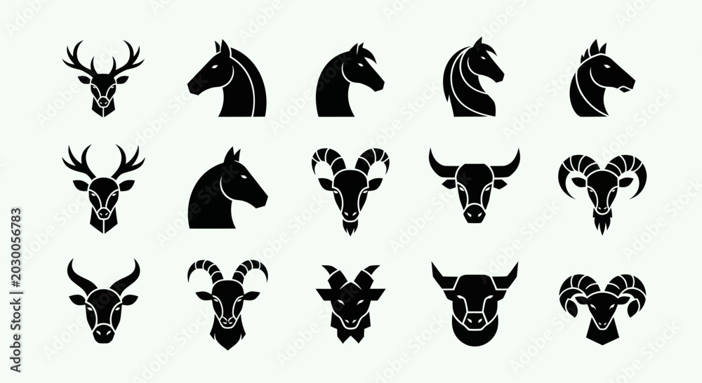 Fototapeta premium Collection of Animal Head Silhouettes: Deer, Horse, Bull, Ram, Goat Icons