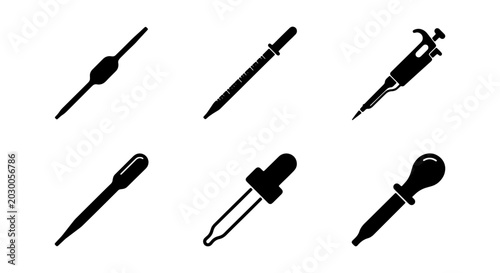 Laboratory pipette icon set, 6 medical dropper vector elements, scientific liquid tools