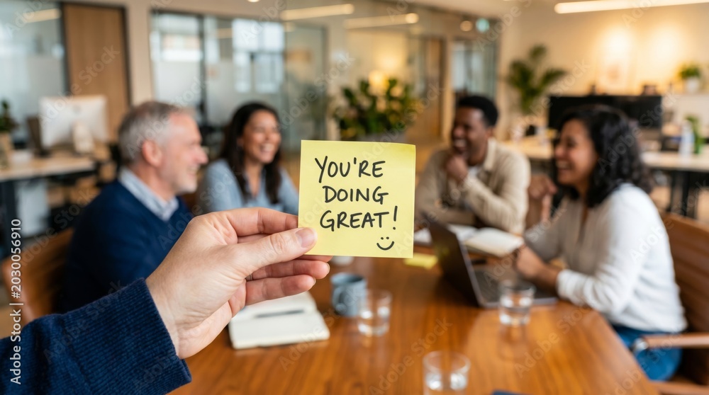 Obraz premium Close up of hand holding you are doing great sticky note in front of business team in meeting