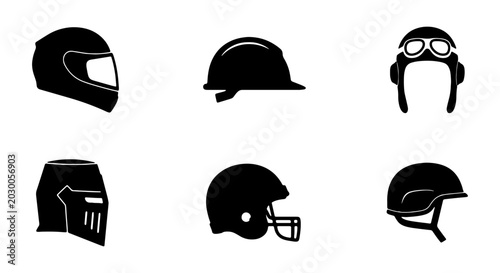 Protective helmet icon set, 6 black vector headwear silhouettes, safety gear collection