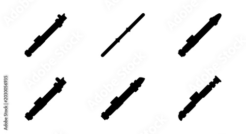 Foto Black lightsaber hilt icons, sci-fi laser sword handle set, 6 vector weapon silh