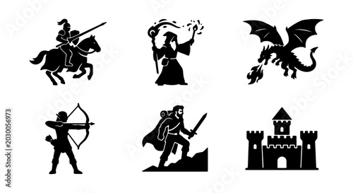 Obraz na płótnie Medieval fantasy silhouette icons, 6 RPG character vectors, dragon and castle se