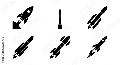 Rocket ship icons set, black space shuttle silhouettes, 6 launch vector elements