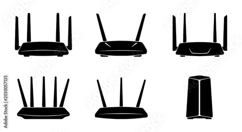 Wireless router icons set, black wifi modem silhouettes, 6 network hardware vectors