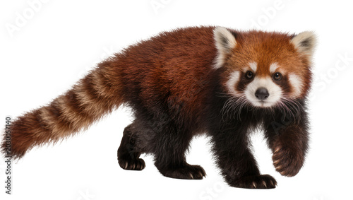 Tableau sur toile Fluffy red panda with striped tail walking, isolated on transparent background