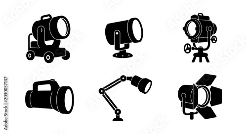 Stage lighting equipment icons, professional studio spotlight set, 6 black vector silhouettes